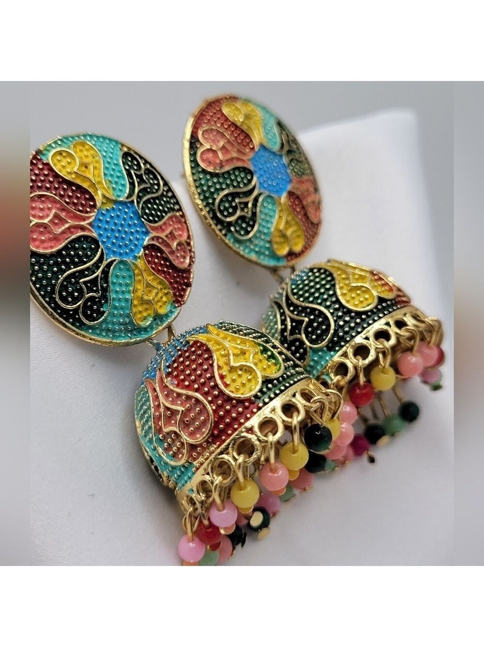 ✨2/$10✨ Gold Jhumki Earrings with Multicolor Beads Ethnic Statement Jewelry - Picture 4 of 11